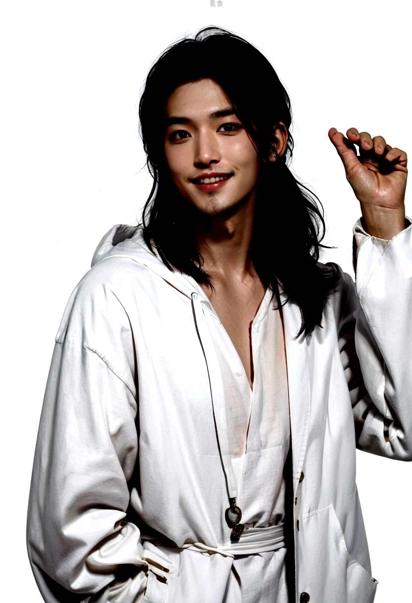 A man smiling and showing his teeth. short hair. Permed hair. (Fair Skin),(Knowing),Iris,(Gender: Natural Face),Long Body,Handsome Asian Man, Short and Clean Hair, ((Center Part)), White Lab Coat with Black Hoodie Underneath, Calm and Confident Expression, Cool, Plain White Background, Portrait, High Quality, Details,30s, Shin Jin Young, , Lee Won Bin, The background is plain white.