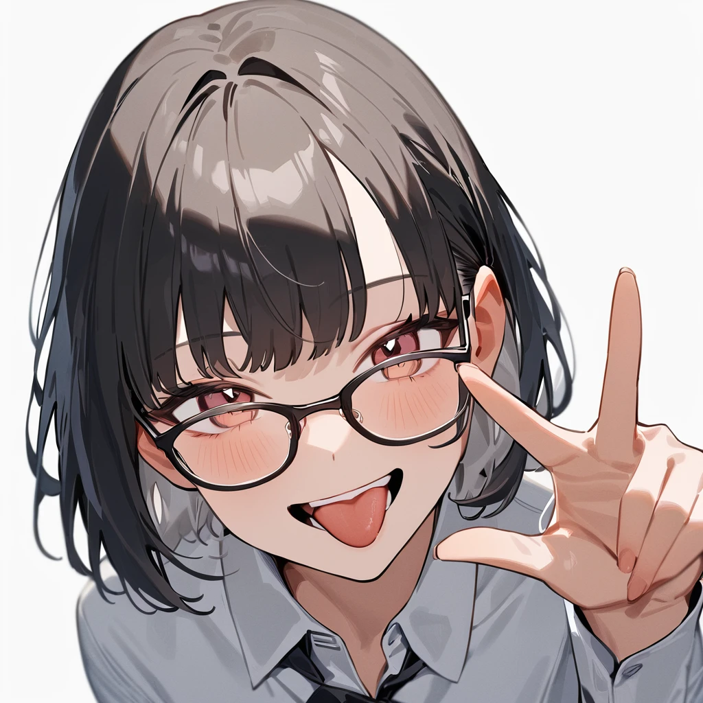 masterpiece, Highest quality, so beautiful, Absurd,
One girl, alone, Black Hair, Bobcut,
Thermont 16A, Glasses, 
Collared shirt, Happy, smile, Sticking out tongue、View your viewers, Glassesの調整, White Background, Simple Background,
 