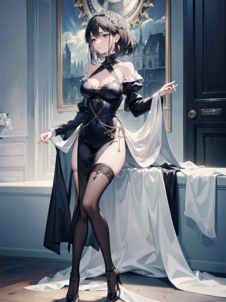 absurdres, RAW photo, extremely delicate and beautiful, masterpiece, Best Quality, ultra high resolution, 32k, hyperrealistic, ultra-detailed, delicate facial features, beautiful detailed woman, tearful mole, earring, medium breasts, full body shot, medium hair, black hair, Detective costume,