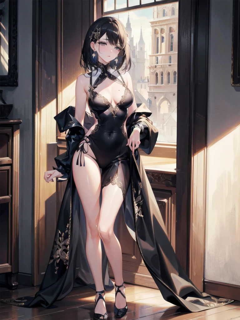 absurdres, RAW photo, extremely delicate and beautiful, masterpiece, Best Quality, ultra high resolution, 32k, hyperrealistic, ultra-detailed, delicate facial features, beautiful detailed woman, tearful mole, earring, medium breasts, full body shot, medium hair, black hair, Detective costume,