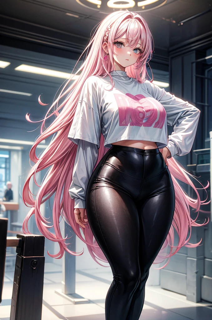 masterpiece, highly detailed, (1girl), white-pink hair, pastel colors, cozy atmosphere, natural lighting, black waist high leggings, oversized T-shirt,  teenager, soft facial features, short height(150cm), hip-level shot, long slender legs, big , slender yet curvy body