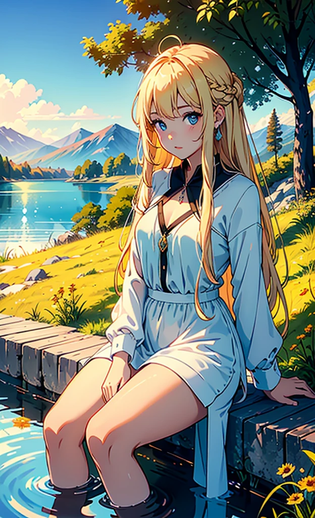1 girl, serene expression, mesmerizing eyes, straight long hair, flowing dress, poised posture, porcelain skin, subtle blush, crystal pendant BREAK golden hour, (rim lighting):1.2, warm tones, sun flare, soft shadows, vibrant colors, painterly effect, dreamy atmosphere BREAK scenic lake, distant mountains, willow tree, calm water, reflection, sunlit clouds, peaceful ambiance, idyllic sunset, ultra detailed, official art, unity 8k wallpaper , zentangle, mandala
