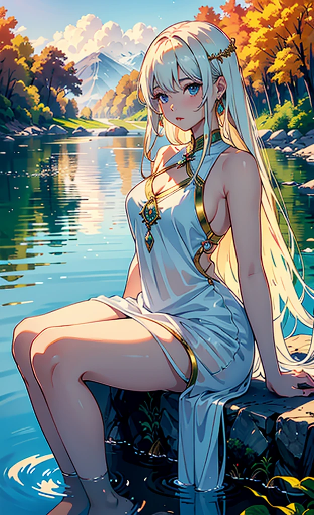 1 girl, serene expression, mesmerizing eyes, straight long hair, flowing dress, poised posture, porcelain skin, subtle blush, crystal pendant BREAK golden hour, (rim lighting):1.2, warm tones, sun flare, soft shadows, vibrant colors, painterly effect, dreamy atmosphere BREAK scenic lake, distant mountains, willow tree, calm water, reflection, sunlit clouds, peaceful ambiance, idyllic sunset, ultra detailed, official art, unity 8k wallpaper , zentangle, mandala
