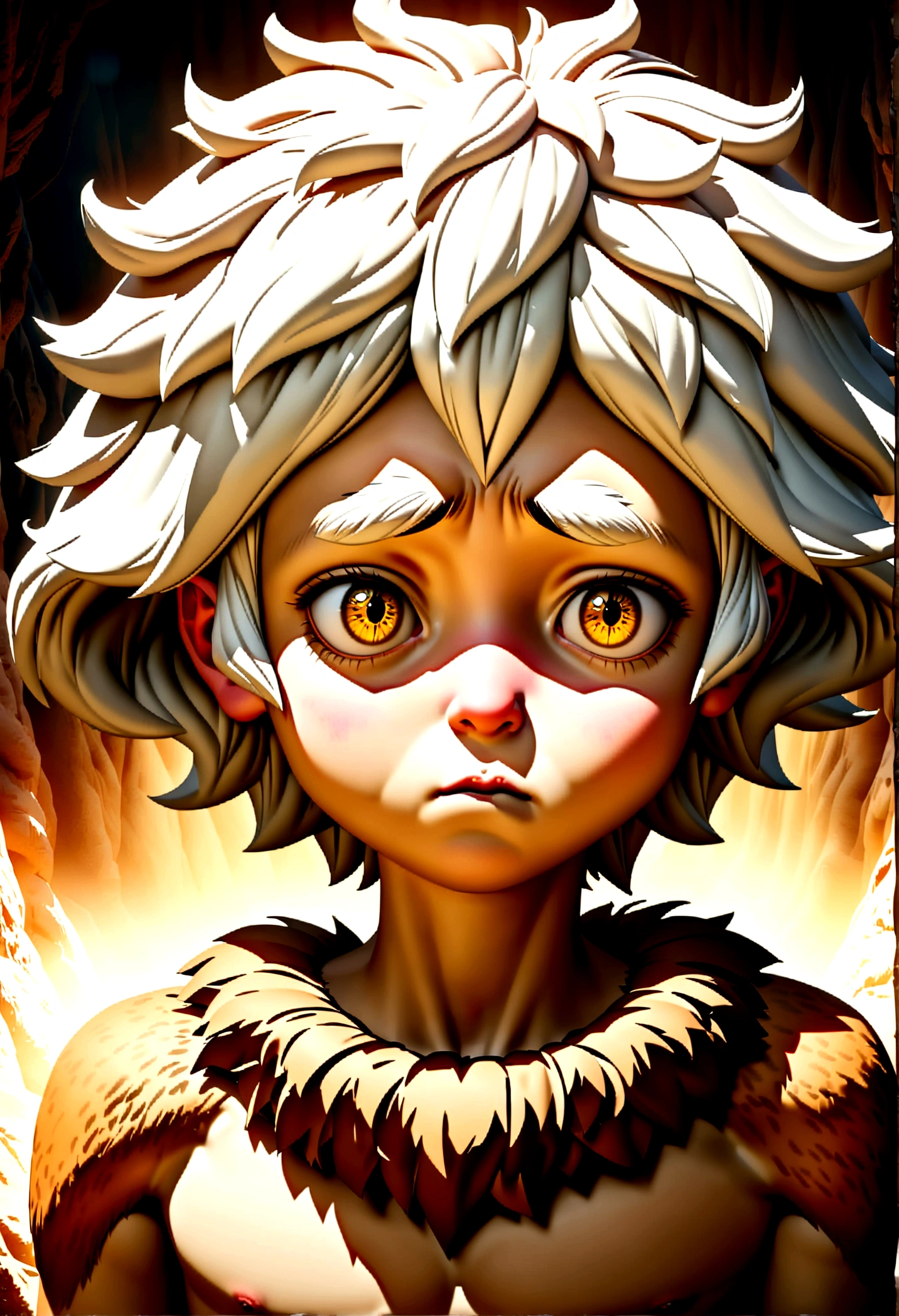 A caveman boy with white hair and golden eyes with bushy eyebrows about 10 years old with pale skin and a malnourished build., wears animal skins, character portrait, fantasy character, CGI style, shy, coward, decided, loneliness