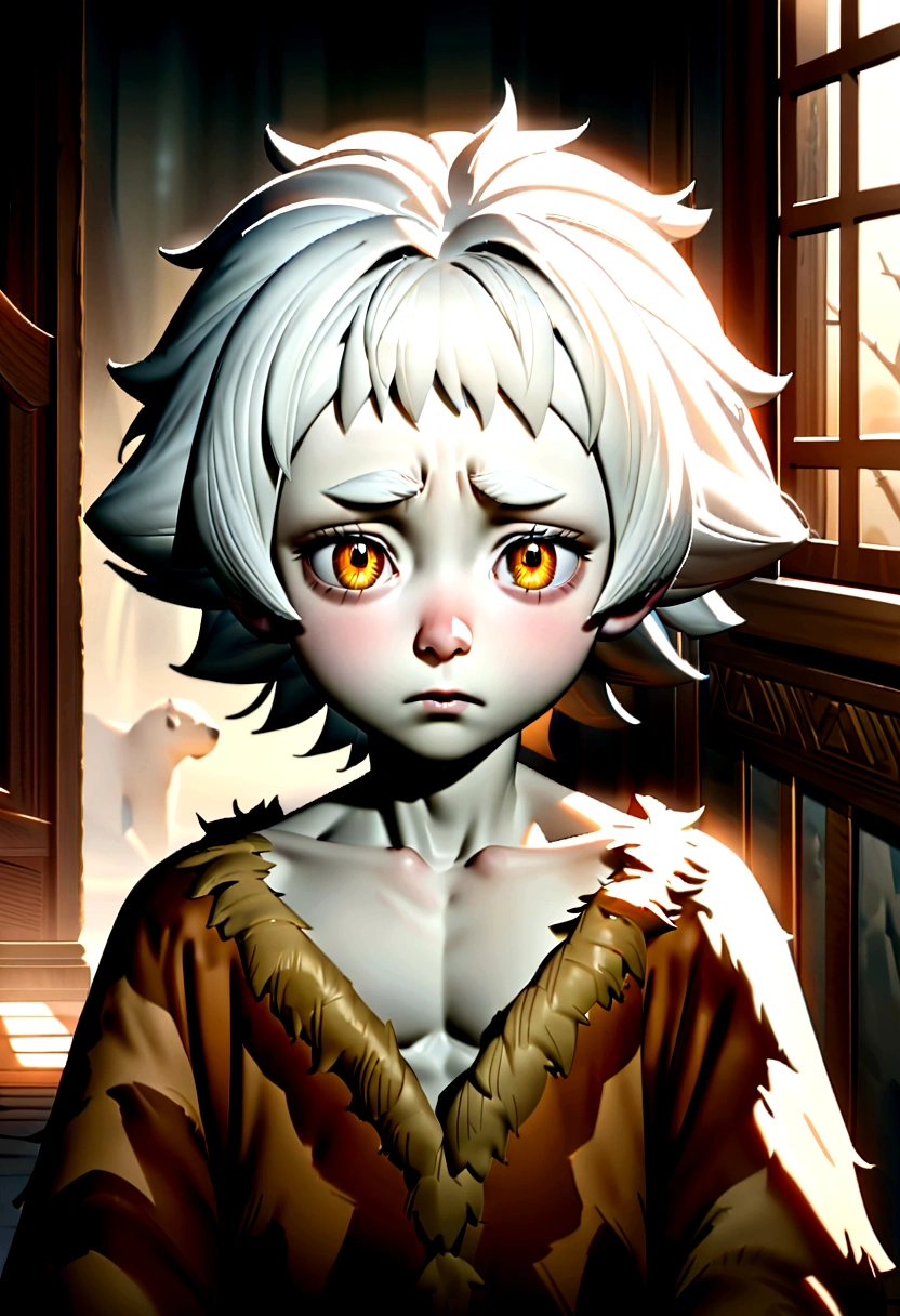 A caveman boy with white hair and golden eyes with bushy eyebrows about with pale skin and a malnourished build., wears animal skins, character portrait, fantasy character, CGI style, shy, coward, decided, loneliness