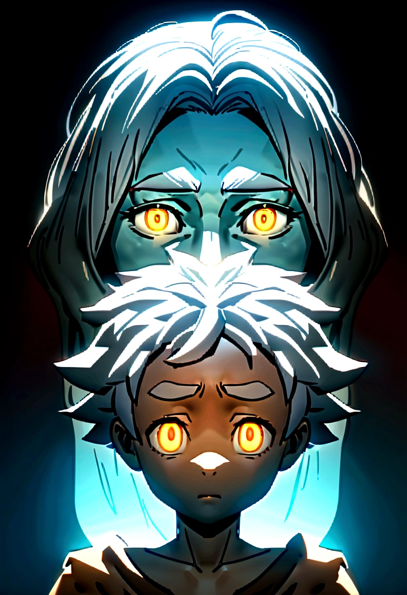 A caveman boy with white hair and golden eyes with bushy eyebrows about 10 years old with pale skin and a malnourished build., wears animal skins, character portrait, fantasy character, CGI style, shy, coward, decided, loneliness