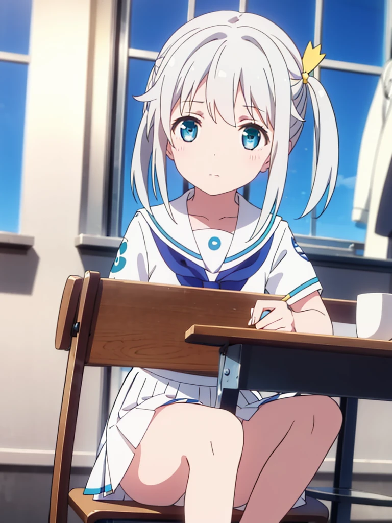 (masterpiece), classroom, 1girl, medium hair, white hair, (aqua eyes:1.2), (white sailor collar:1.2), serafuku, white skirt, pleated skirt nsfw show panties  open legs