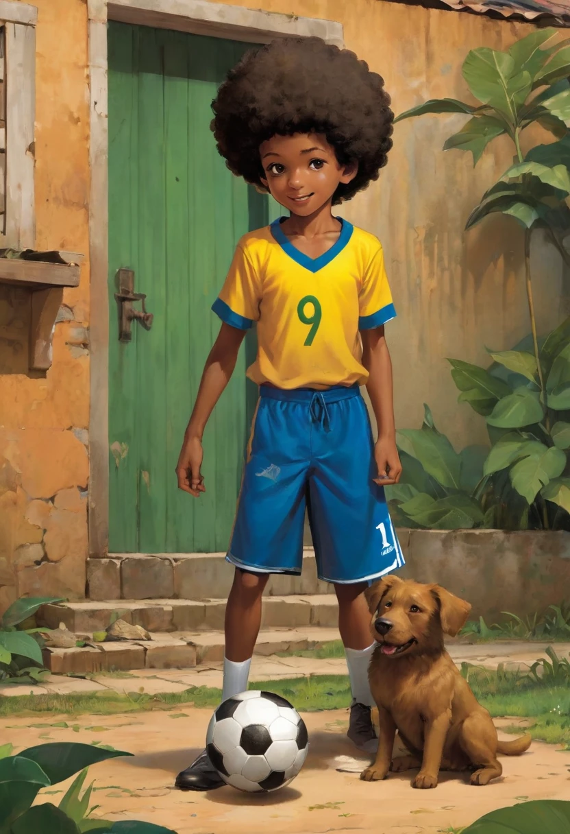 A poor Afro-Brazilian boy in a typical Brazilian house playing with a soccer ball drawn by Todd McFarlane and Greg Capullo, he is wearing old and torn clothes, he is playing with a soccer ball and playing with his dog, a backyard of a typical Brazilian house in the background, brown dog typical of Brazil, the dog tries to bite the soccer ball, a soccer ball at the boy's feet, the soccer ball must appear in the image, Robert Downey Jr Reference.., engine unreal, octane rendering, por Jacob Lawrence e Francis picabia, perfect composition, beautiful detailed intricate insanely detailed octane rendering trending on artstation, 8k art photography, photorrealistic concept art, soft natural volumetric cinematic perfect light, Bright dark, rewarded photography, artwork, oil on canvas, rafael, caravaggio, Greg Rutkowski, beetle, Beksinski, giger, face with two large central incisors and visible gums, the detail, highy detailed, photo realist
