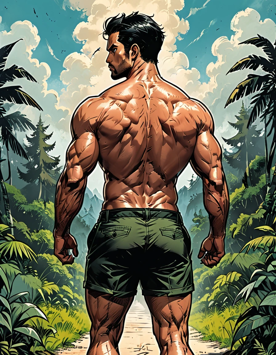 tropical island, cloud, green forest, ((back view)), Man in black shorts walking, Mesomorph Muscular body, perfect Olive skin, short Muscular neck, broad Muscular shoulders, Muscular fitness arms, black short combed back hair, Athletic thighs, Muscular fitness legs, big muscles, fitness round ass, Designer Stubble black whiskers, (graphic style of novel comics style),(dark novel style), (comic style), (2d), 8k, hyperrealism, masterpiece, high resolution, best quality, ultra-detailed, super realistic, Hyperrealistic art, high-quality, ultra high res, highest detailed, lot of details, Extremely high-resolution details, incredibly lifelike, soft cinematic light,