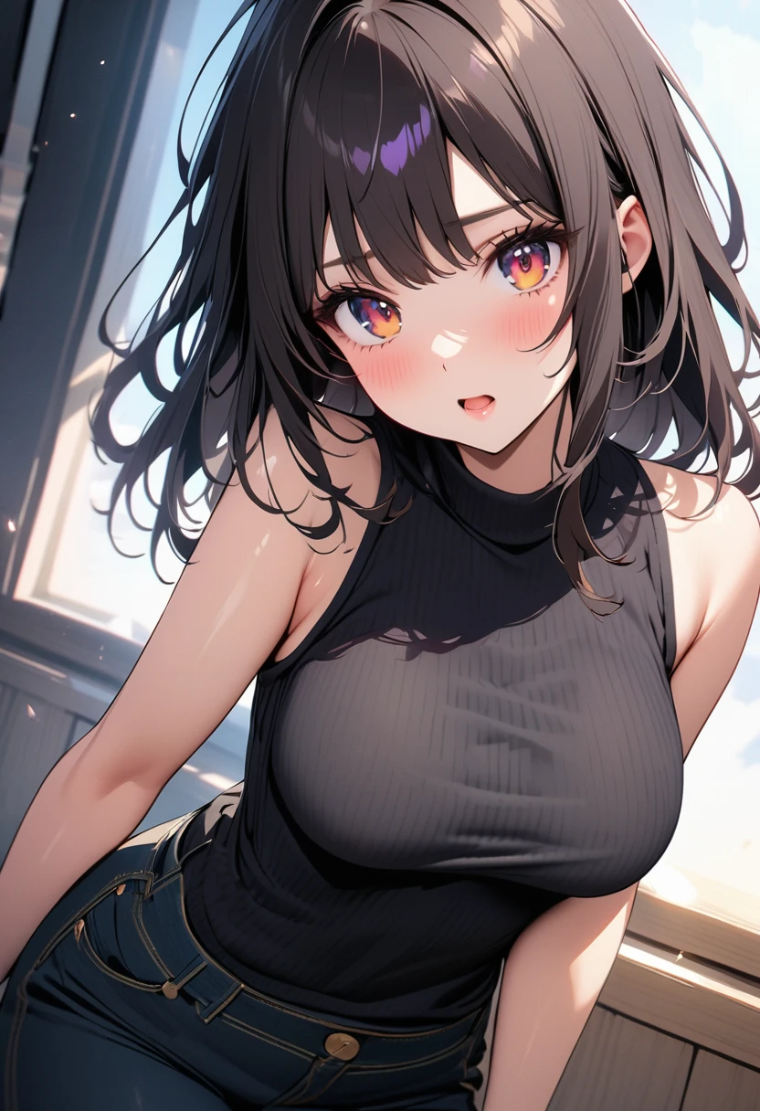 (highest quality, 8k, 4k, High resolution, masterpiece:1.2), Super detailed, beautiful illustrations, 鮮やかなcolor, Lens flare, natural light, one person, woman, beautiful face details, beautiful eyes, long eyelashes, soft lips, (small face), (紫colorの髪:1.6, long hair, 茶colorい目), perfect face, shiny skin, (beautiful breasts), open your mouth and laugh:1.2, (turtleneck knit:1.2, No sleeve, pants style), (shifting gaze, color々I'm interested in something, light steps), bustling street, Strolling around, Light and shadow with attention to detail, background bokeh.