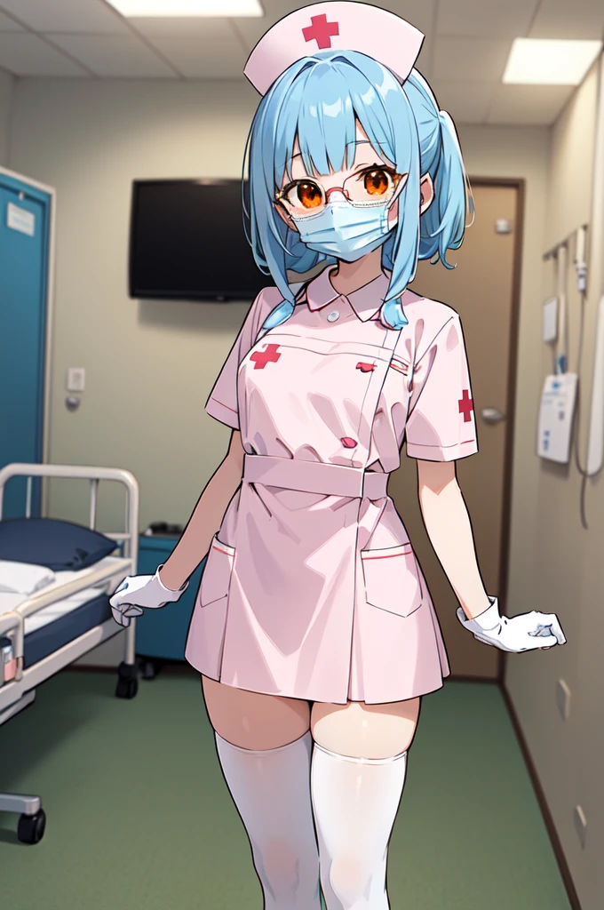 1girl, solo, nurse, nurse cap, white nurse uniform, ((white legwear, zettai ryouiki)), white gloves, glasses, blue hair, orange eyes, ((white surgical mask, covered nose)), standing, ((hospital room)), sharp outline, short sleeves, best quality, masterpiece