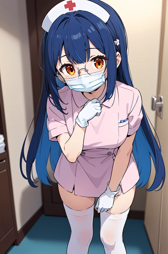 1girl, solo, nurse, nurse cap, white nurse uniform, ((white legwear, zettai ryouiki)), white gloves, glasses, blue hair, orange eyes, ((white surgical mask, covered nose)), standing, ((hospital room)), sharp outline, short sleeves, best quality, masterpiece