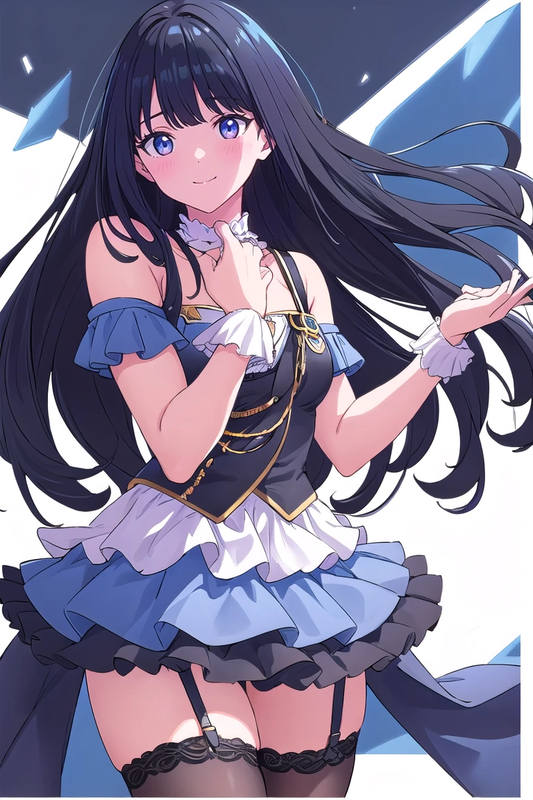 Blue Skirt、Accentuated thighs、black tights、chest、Black Hair、1 girl、solo girl、Thick thighs、hand on own chest、smile、idol costume、garter belt、back track rich、chest