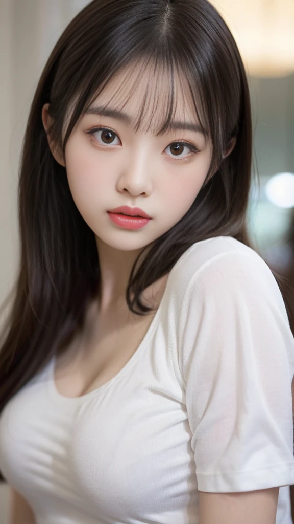 Close-up of a long-haired woman in a white shirt, 1 8 is, 18-year-old, 19-year-old girl, Chen Xintong, Korean Girls, Shision Wu, Choi Hong-hwa, 22 years old, 21 years old, Ulzzang, Wenfei Ye, Young and pretty Asian face, lips,Big Breasts,