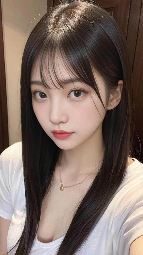 Close-up of a long-haired woman in a white shirt, 1 8 is, 18-year-old, 19-year-old girl, Chen Xintong, Korean Girls, Shision Wu, Choi Hong-hwa, 22 years old, 21 years old, Ulzzang, Wenfei Ye, Young and pretty Asian face, lips,Big Breasts,