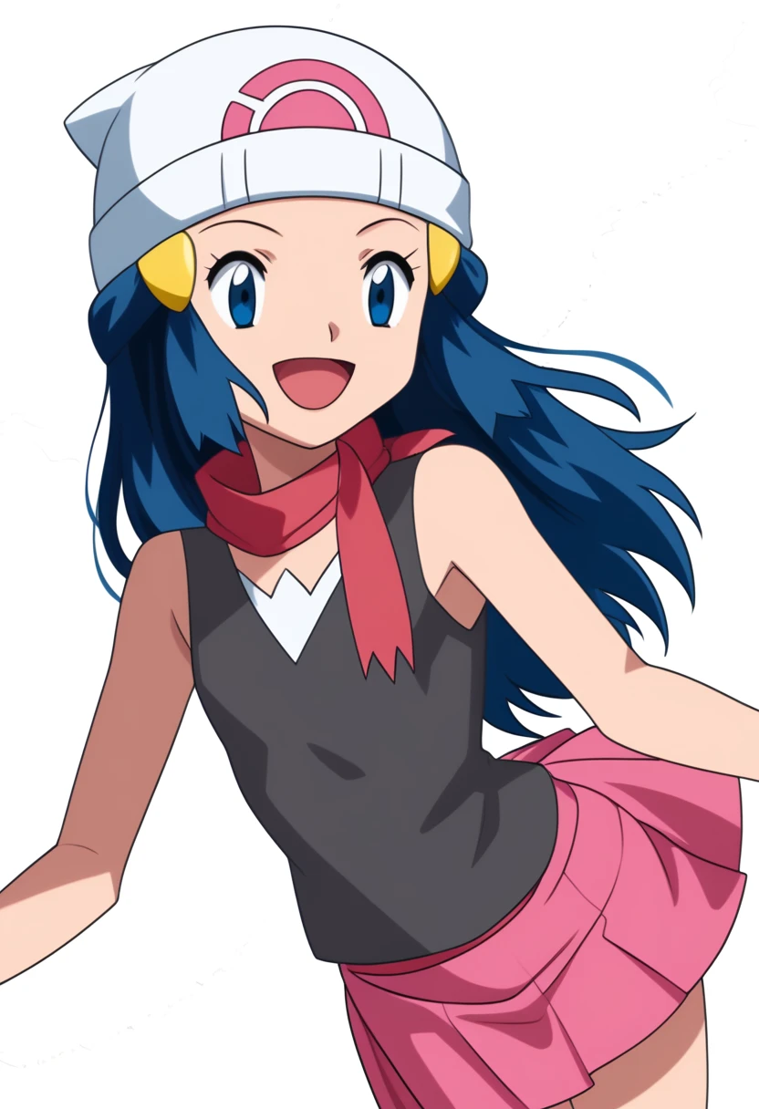 score_9, score_8_up, score_7_up, source anime, anime, animification, anime screencap, anime coloring, vivid colors, shiny skin, skindentation, deep skin, depth of field, high quality, highres, (dynamic angle,dynamic pose), dawncheerxl, 1girl, solo, long hair, looking at viewer, smile, open mouth, blue eyes,beanie, black sleeveless shirt, pink scarf, pink skirt, pink boots,outdoors, hair ornament, sky, holding, blue hair, :d, sidelocks, tongue, socks, hairclip, eyelashes , dawn \(pokemon\) BREAK masterpiece,high quality