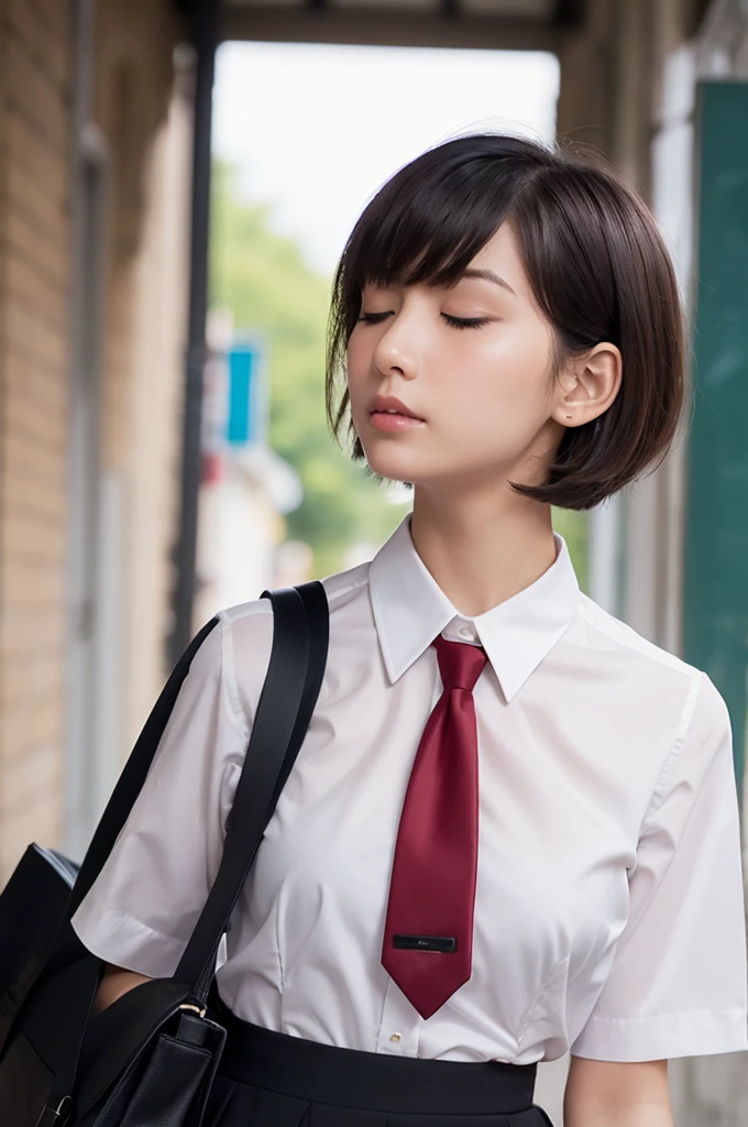 1girl, blush, short_hair, bangs, black_hair, eyebrows_visible_through_hair, shirt, 1boy, original, school_uniform, collarbone, closed_eyes, upper_body, white_shirt, hetero, necktie, collared_shirt, bag, blurry, from_side, profile, blurry_background, couple, bob_cut, kiss, red_necktie, school_bag, hand_on_another's_shoulder, french_kiss