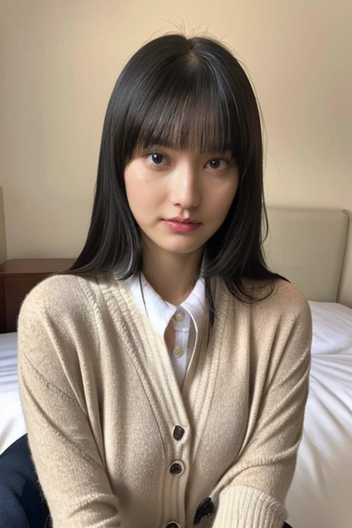 alone、Natural body shape、White skin、Natural Makeup、Black Hair、bangs、Straight Long Hair、、(expensive 、Beige long sleeve cardigan、White blouse、Blue plaid pleated skirt)、、(Big Breasts:1.3)、((The upper body is wearing a uniform))、(((((Looking into the camera)))))、(((Head to knee portrait)))、(((Exposing thighs)))、Bedroom、On the bed、Sitting、((Focus on the crotch))