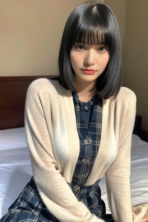 alone、Natural body shape、White skin、Natural Makeup、Black Hair、bangs、Straight Long Hair、、(expensive 、Beige long sleeve cardigan、White blouse、Blue plaid pleated skirt)、、(Big Breasts:1.3)、((The upper body is wearing a uniform))、(((((Looking into the camera)))))、(((Head to knee portrait)))、(((Exposing thighs)))、Bedroom、On the bed、Sitting、((Focus on the crotch))