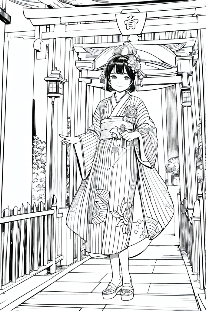 As a coloring book, the color should be black and white, the border should be simple, clear, and bold. A cheerful Asian girl with bright eyes and a mischievous smile is playfully posing in front of the iconic [Fushimi Inari-taisha Shrine] in Kyoto, Japan. She is dressed in a vibrant [kimono with fox pattern], the bold orange and white colors complementing the vermilion torii gates that line the path. The girl's hands are clasped in a playful gesture, and her hair is adorned with a traditional [kanzashi hair ornament].
