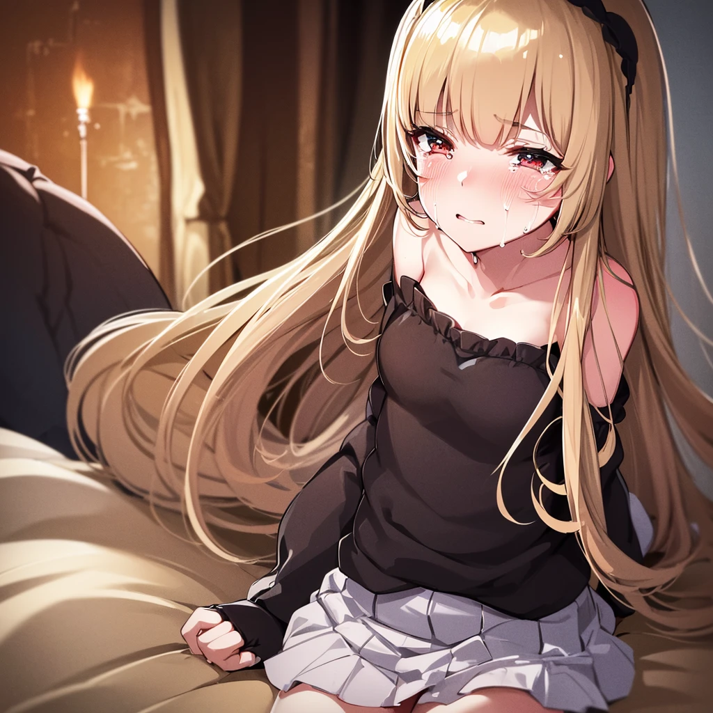 (best quality, 8K, 32k, masterpiece, uhd:1.2),White beige hair,gleaming skin,shiny skin,mini skirt,large blast,Crying face,Crying,cling, black smoke,beautiful detailed glow,sit,get drunk,bed,