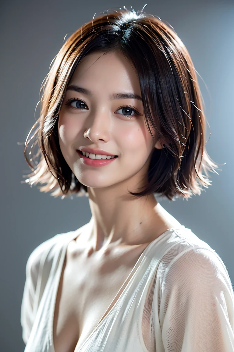1 girl,(wearing colorful stage costume:1.2),very beautiful japanese idol portrait,close up of face,(RAW photo,best quality),(real,realistic:1.4),(masterpiece),very delicate and beautiful,very detailed,2k wallpaper,amazing,finely detailed,highly detailed CG Unity 8K wallpaper,very detailed,high resolution,soft light,beautiful detailed girl,very detailed eyes and face,beautiful refined nose,finely beautiful eyes,cinema lighting,(simple light color background:1.3),(short hair),(bob),full anatomy,slender body,small breasts,smiling,