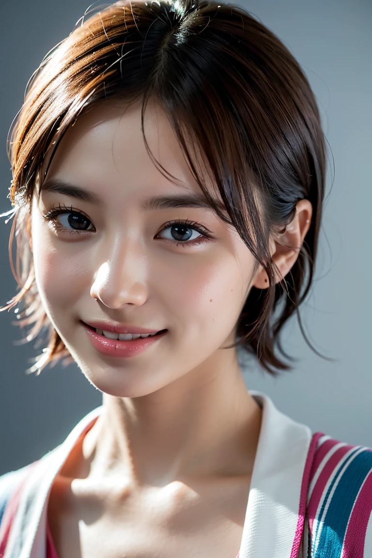 1 girl,(wearing colorful stage costume:1.2),very beautiful japanese idol portrait,close up of face,(RAW photo,best quality),(real,realistic:1.4),(masterpiece),very delicate and beautiful,very detailed,2k wallpaper,amazing,finely detailed,highly detailed CG Unity 8K wallpaper,very detailed,high resolution,soft light,beautiful detailed girl,very detailed eyes and face,beautiful refined nose,finely beautiful eyes,cinema lighting,(simple light color background:1.3),(short hair),(bob),full anatomy,slender body,small breasts,smiling,