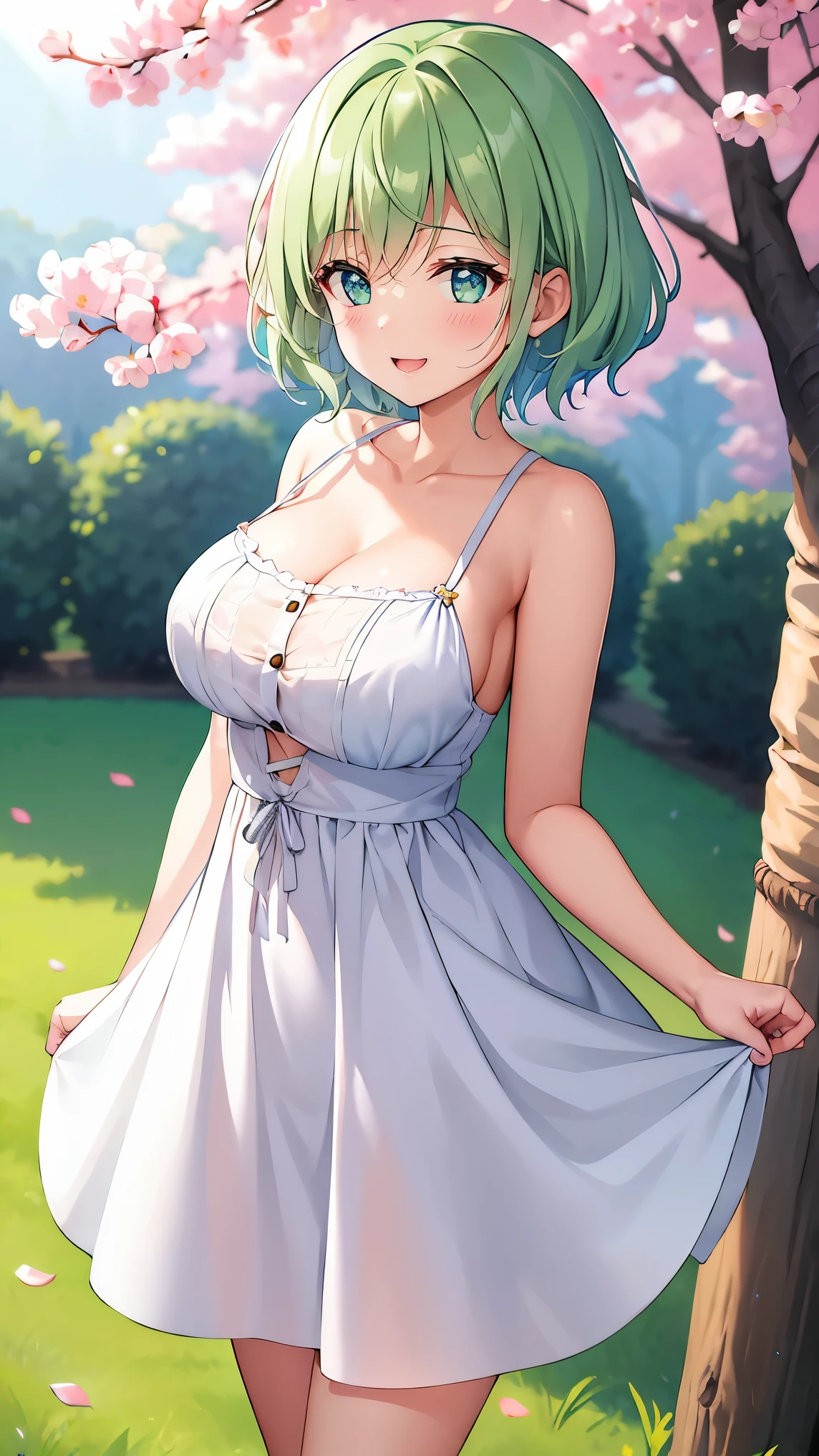 Girl with short green hair, Small size breasts, Small breasts、Green Eyes, White Casual Wear Beauty Special、(((tits))),Full body shot from head to toe、White dress、Colorful flower fields、Fluttering petals、A big smile when looking at the flowers、Uplifting、Swaying in the Wind、Gusts from bottom to top、Panty shot、Happenings