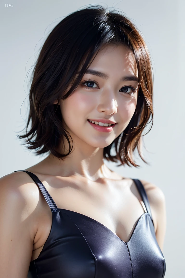 1 girl,(wearing colorful stage costume:1.2),very beautiful japanese idol portrait,close up of face,(RAW photo,best quality),(real,realistic:1.4),(masterpiece),very delicate and beautiful,very detailed,2k wallpaper,amazing,finely detailed,highly detailed CG Unity 8K wallpaper,very detailed,high resolution,soft light,beautiful detailed girl,very detailed eyes and face,beautiful refined nose,finely beautiful eyes,cinema lighting,(simple light color background:1.3),(short hair),(bob),full anatomy,slender body,small breasts,smiling,
