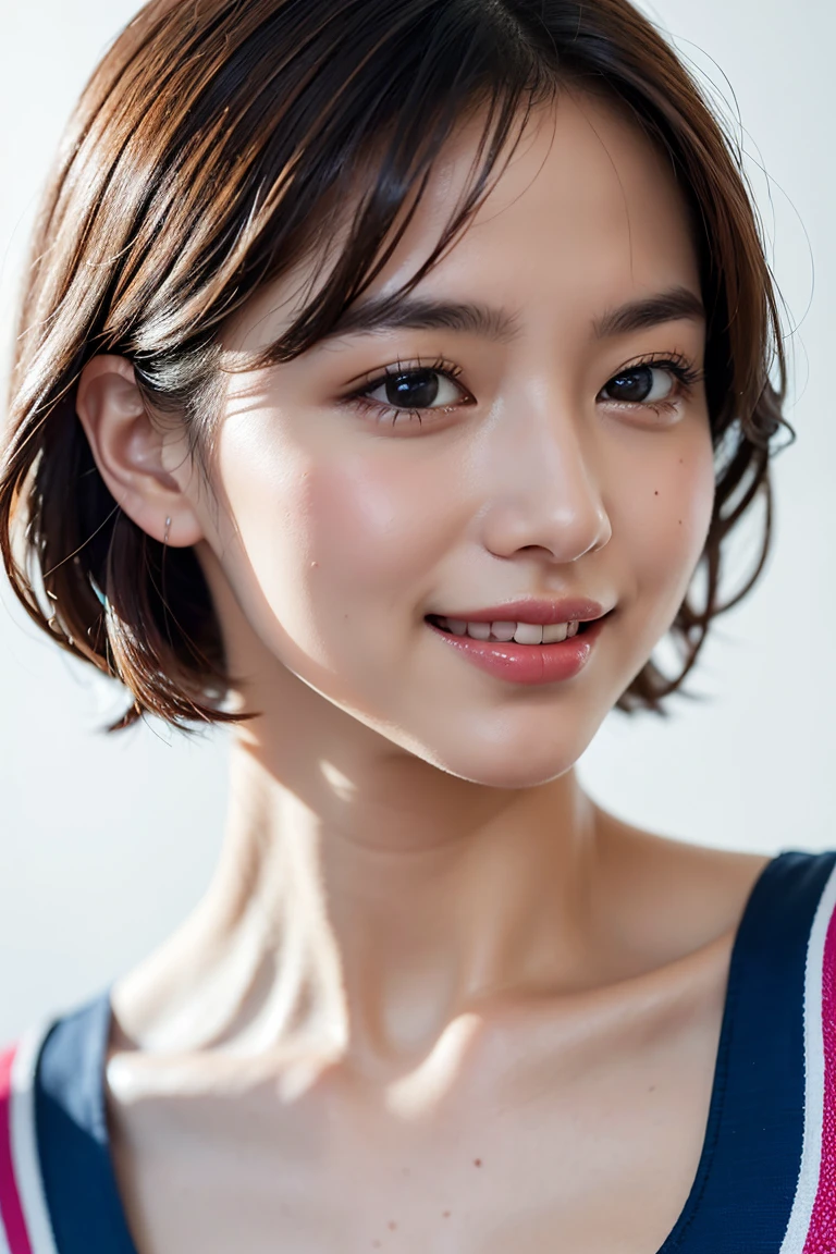 1 girl,(wearing colorful stage costume:1.2),very beautiful japanese idol portrait,close up of face,(RAW photo,best quality),(real,realistic:1.4),(masterpiece),very delicate and beautiful,very detailed,2k wallpaper,amazing,finely detailed,highly detailed CG Unity 8K wallpaper,very detailed,high resolution,soft light,beautiful detailed girl,very detailed eyes and face,beautiful refined nose,finely beautiful eyes,cinema lighting,(simple light color background:1.3),(short hair),(bob),full anatomy,slender body,small breasts,smiling,