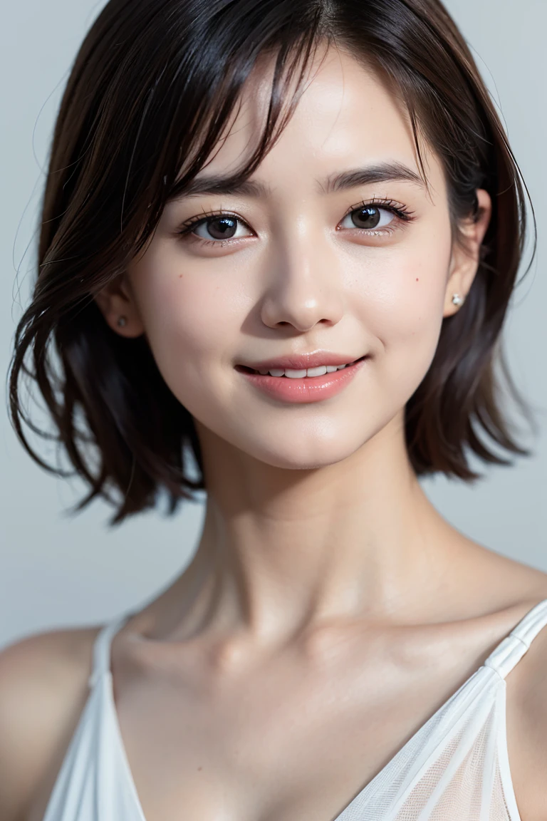 1 girl,(wearing colorful stage costume:1.2),very beautiful japanese idol portrait,close up of face,(RAW photo,best quality),(real,realistic:1.4),(masterpiece),very delicate and beautiful,very detailed,2k wallpaper,amazing,finely detailed,highly detailed CG Unity 8K wallpaper,very detailed,high resolution,soft light,beautiful detailed girl,very detailed eyes and face,beautiful refined nose,finely beautiful eyes,cinema lighting,(simple light color background:1.3),(short hair),(bob),full anatomy,slender body,small breasts,smiling,