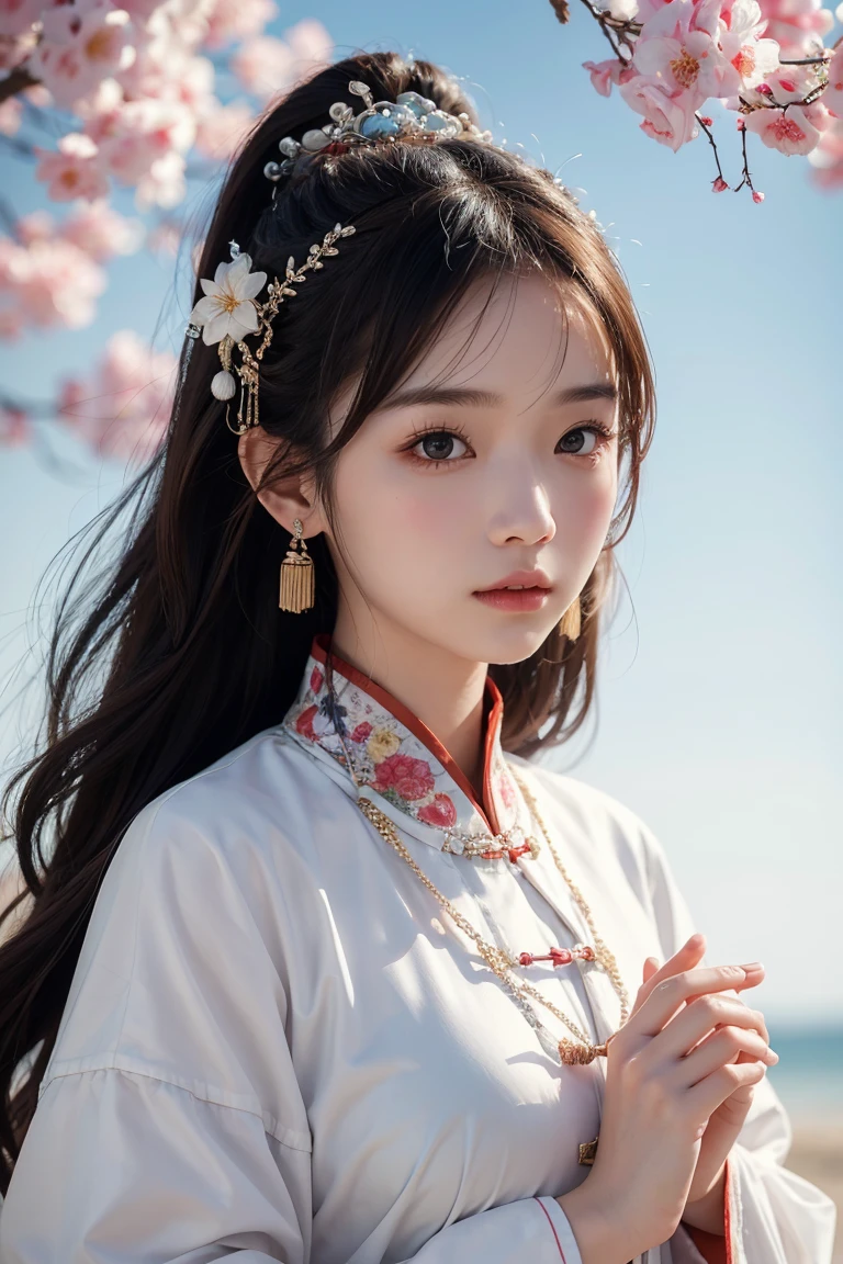 A girl, Chinese Clothing, whole body, Sunlight, Clear face, Clean white background, masterpiece, Super Detail, Epic Composition, Ultra HD, high quality, Extremely detailed, Official Art, 8k wallpaper, Super Detail, 32k