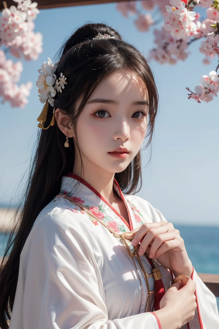 A girl, Chinese Clothing, whole body, Sunlight, Clear face, Clean white background, masterpiece, Super Detail, Epic Composition, Ultra HD, high quality, Extremely detailed, Official Art, 8k wallpaper, Super Detail, 32k