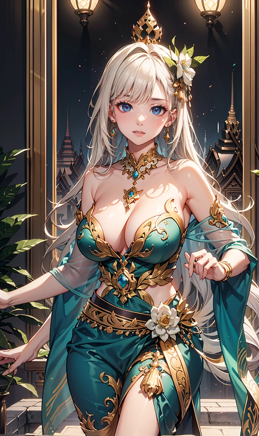 {{{{Masterpiece}}}}, {{{Excellent details}}}, {{{HD}}}, {{good anatomy}}, (((best quality))), ((Very delicate and beautiful)), {{Very detailed and neat..}}, {วอลล์เปเปอร์ 8k cgi}, {{Enlightenment}}, (Traditional strapless Thai dress that is never too late..:1.2),Blonde,blue eyes,ruffle,Transparent lace,beautiful accessories,Beautiful pattern,dress nicely,legendary crown,See through transparent clothes,There are a small amount of dark blue-white stripes..,Beautiful and delicate face,Bedroom scenes in western legends,at night,light,at night,There is only one person..,(Flow skirt:1.1),Attractive posture, ,Show your breasts,The are clear....,((big tits)),(pubic ift, visible chest, I see bulging nipples.,Umbilical drive,dnce