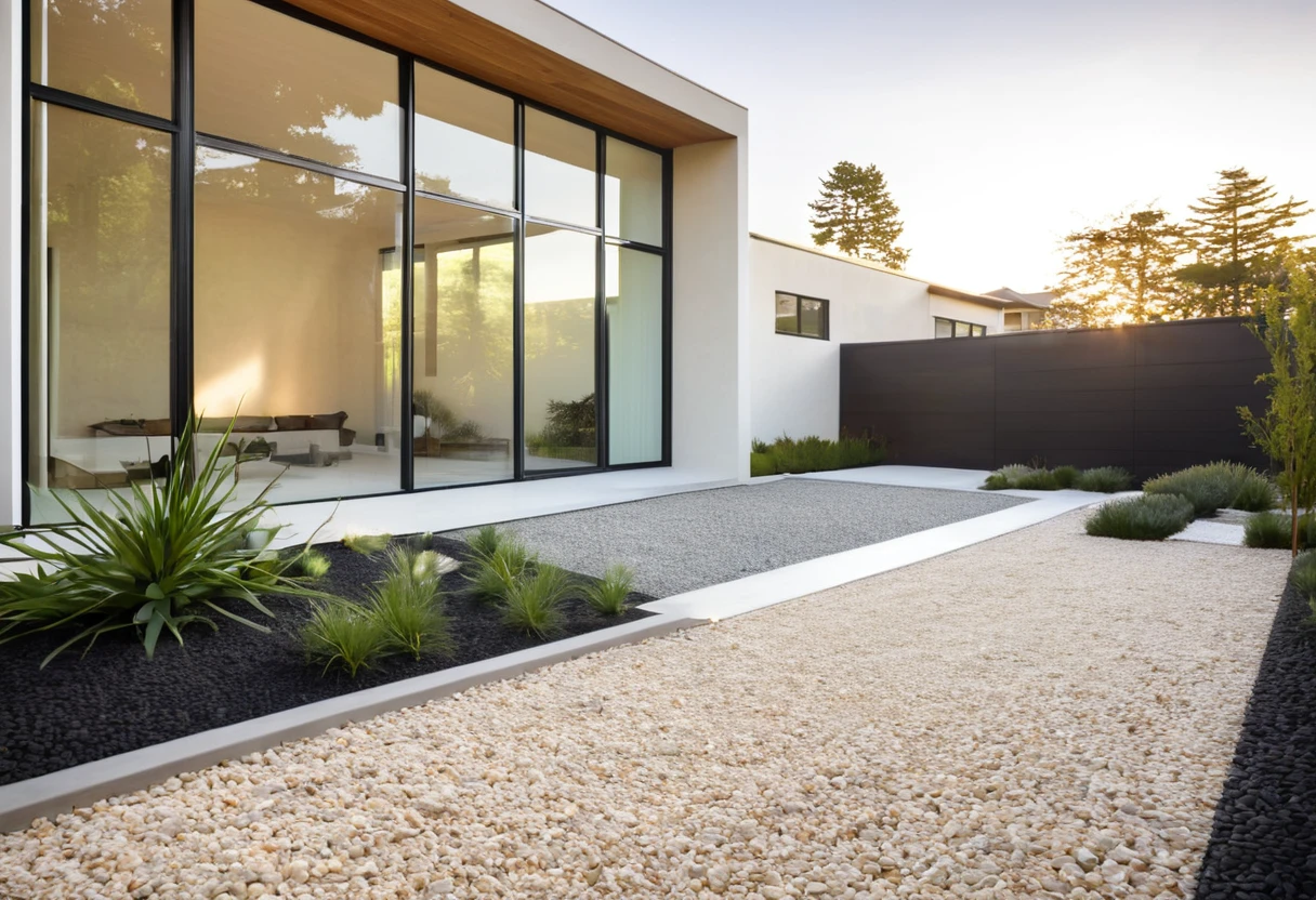 Generate a highly detailed and visually stunning photo of a modern minimalist house as seen from the outside. The house should have clean lines and a sleek design with a combination of natural materials like wood, concrete, and glass. Large floor-to-ceiling windows allow for plenty of natural light, and a simple yet elegant facade features a neutral color palette. The front yard is landscaped with minimalist elements, including a gravel path, a few strategically placed plants, and a small water feature. The setting is during the golden hour, with soft sunlight casting warm, gentle shadows, creating an inviting and serene atmosphere.