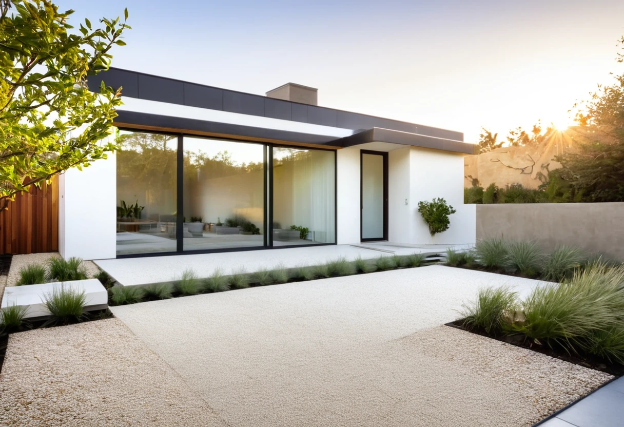 Generate a highly detailed and visually stunning photo of a modern minimalist house as seen from the outside. The house should have clean lines and a sleek design with a combination of natural materials like wood, concrete, and glass. Large floor-to-ceiling windows allow for plenty of natural light, and a simple yet elegant facade features a neutral color palette. The front yard is landscaped with minimalist elements, including a gravel path, a few strategically placed plants, and a small water feature. The setting is during the golden hour, with soft sunlight casting warm, gentle shadows, creating an inviting and serene atmosphere.