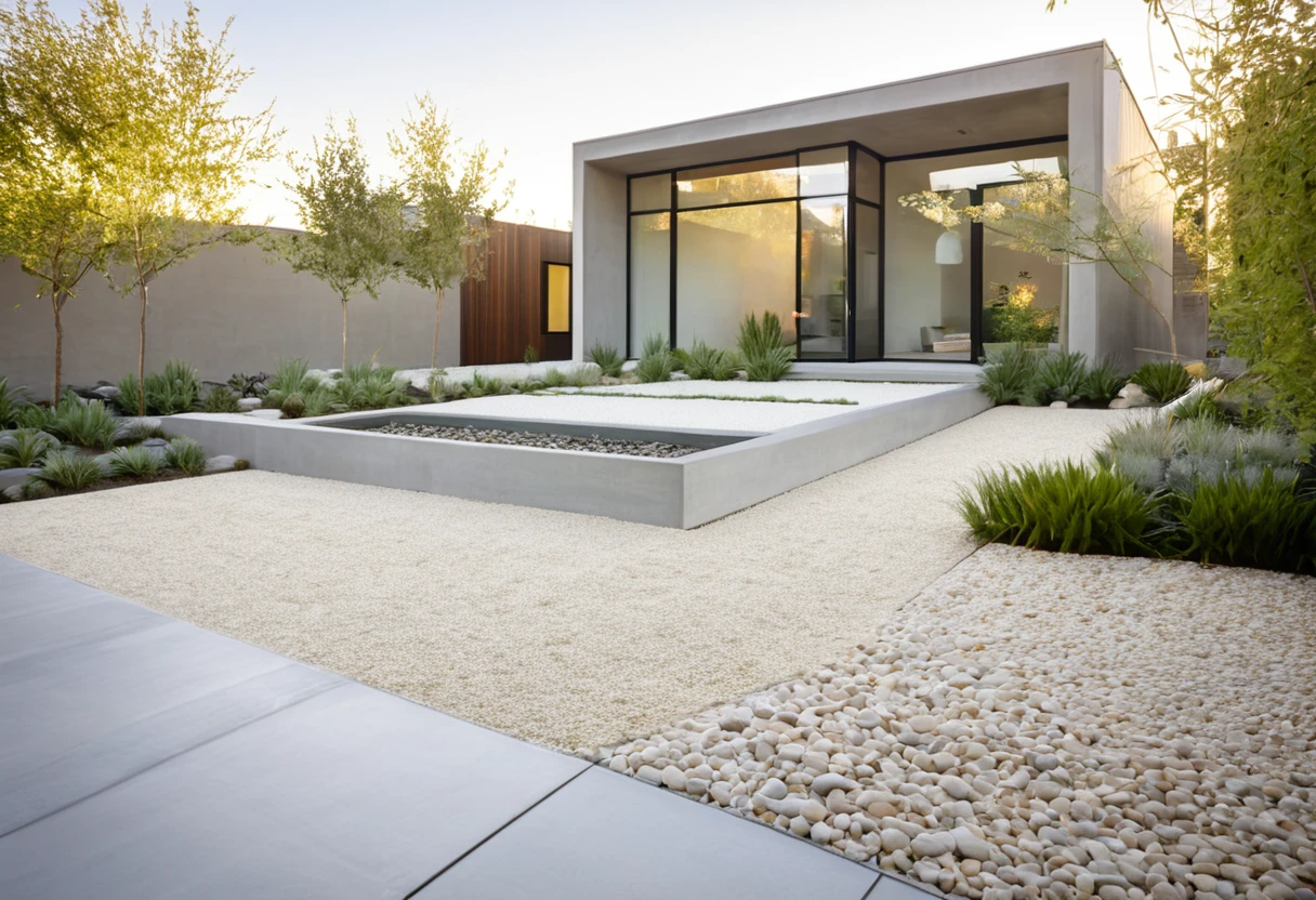 Generate a highly detailed and visually stunning photo of a modern minimalist house as seen from the outside. The house should have clean lines and a sleek design with a combination of natural materials like wood, concrete, and glass. Large floor-to-ceiling windows allow for plenty of natural light, and a simple yet elegant facade features a neutral color palette. The front yard is landscaped with minimalist elements, including a gravel path, a few strategically placed plants, and a small water feature. The setting is during the golden hour, with soft sunlight casting warm, gentle shadows, creating an inviting and serene atmosphere.