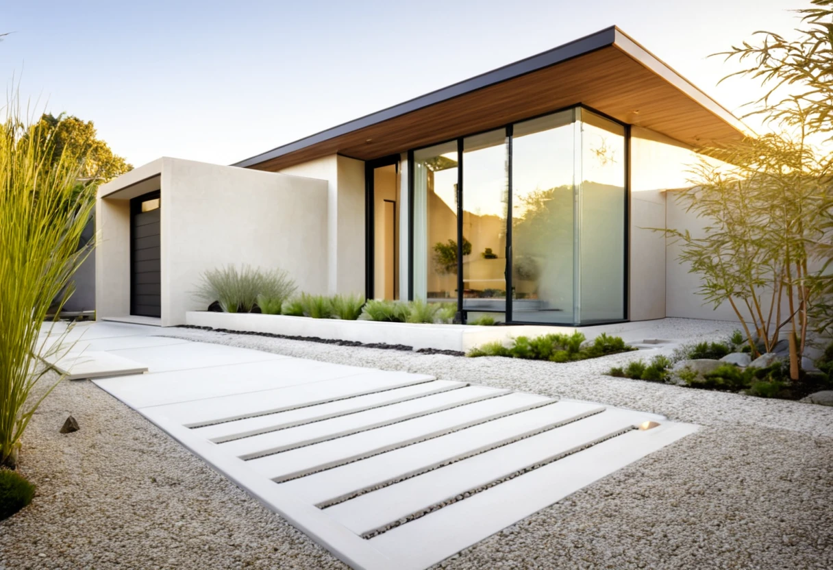 Generate a highly detailed and visually stunning photo of a modern minimalist house as seen from the outside. The house should have clean lines and a sleek design with a combination of natural materials like wood, concrete, and glass. Large floor-to-ceiling windows allow for plenty of natural light, and a simple yet elegant facade features a neutral color palette. The front yard is landscaped with minimalist elements, including a gravel path, a few strategically placed plants, and a small water feature. The setting is during the golden hour, with soft sunlight casting warm, gentle shadows, creating an inviting and serene atmosphere.