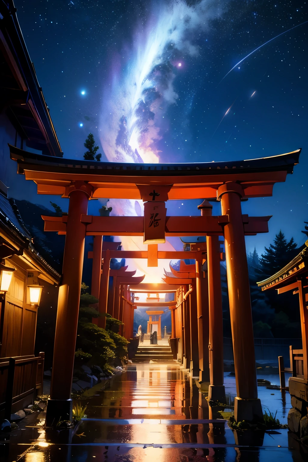 A stylish shrine maiden with white hair，Turning face，Back view ，up，torii ,Night Sky，High resolution, High resolution, 8K, Masterpiece 2:1,（ Shrines in Kyoto、star）、