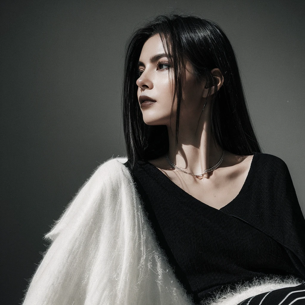 in the middle of the background in the form of radiating white lines, there is a woman sitting, this woman is wearing dark clothes with a flowing texture, and a beautiful necklace can be seen around her neck, the contrast between the dark clothes and the bright background creates an interesting composition