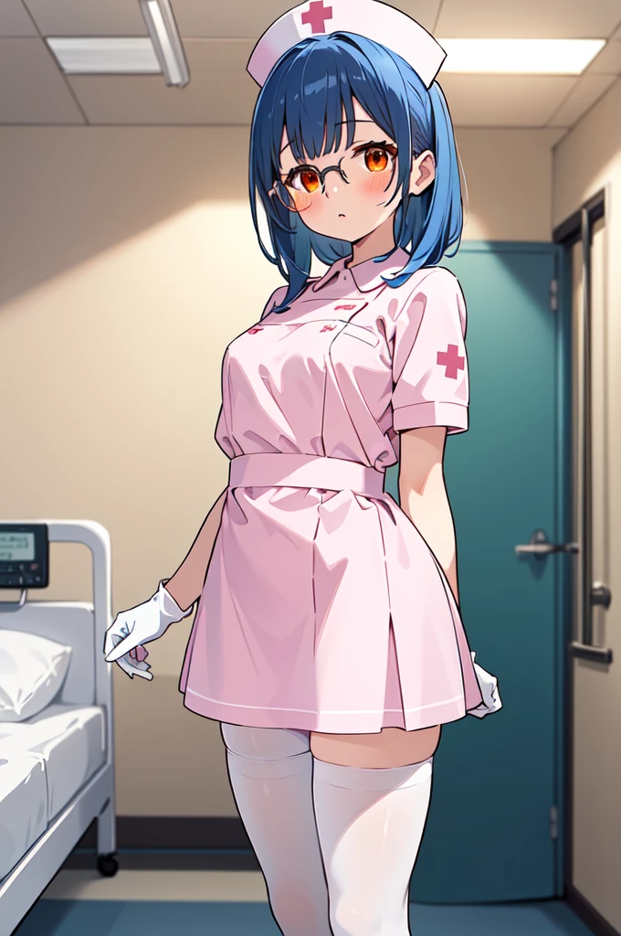 1woman, solo, nurse, white nurse cap, white nurse uniform, ((white legwear, zettai ryouiki)), white gloves, glasses, blue hair, orange eyes, pink lips, no impression, standing, ((hospital room)), sharp outline, short sleeves, mature female, 35 years old, best quality, masterpiece