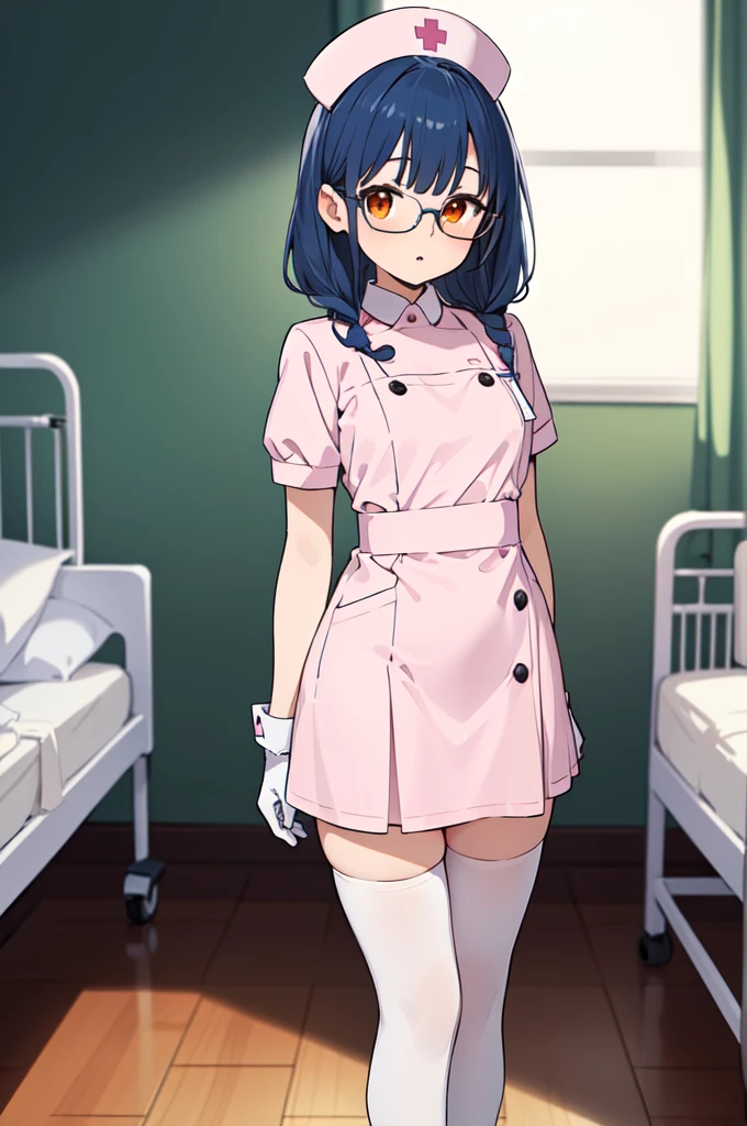 1woman, solo, nurse, white nurse cap, white nurse uniform, ((white legwear, zettai ryouiki)), white gloves, glasses, blue hair, orange eyes, pink lips, no impression, standing, ((hospital room)), sharp outline, short sleeves, mature female, 35 years old, best quality, masterpiece