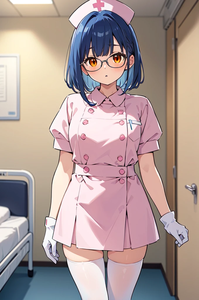 1woman, solo, nurse, white nurse cap, white nurse uniform, ((white legwear, zettai ryouiki)), white gloves, glasses, blue hair, orange eyes, pink lips, no impression, standing, ((hospital room)), sharp outline, short sleeves, mature female, 35 years old, best quality, masterpiece
