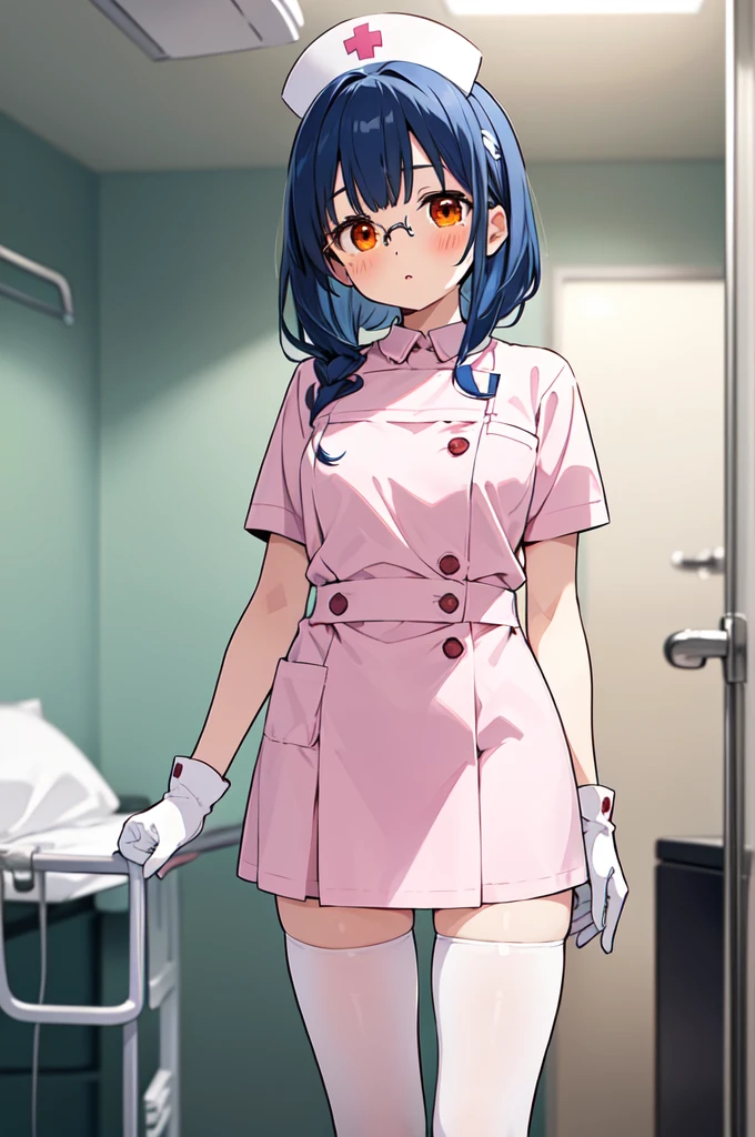 1woman, solo, nurse, white nurse cap, white nurse uniform, ((white legwear, zettai ryouiki)), white gloves, glasses, blue hair, orange eyes, pink lips, no impression, standing, ((hospital room)), sharp outline, short sleeves, mature female, 35 years old, best quality, masterpiece