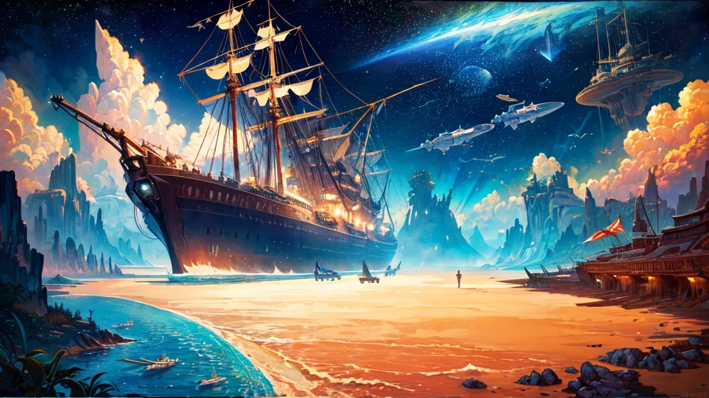 (Expressionism:1.3), (retrofuturistic spaceship in the shape of Noah's Ark:1.2) with portholes and cannons, (exotic animals around), fishes, amidst the vast cosmos of thoughts and ideas, breathtaking, shiny stars, vivid colors, cosmic scenery