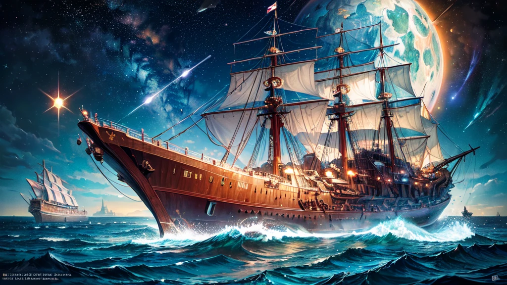 (Expressionism:1.3), (retrofuturistic spaceship in the shape of Noah's Ark:1.2) with portholes and cannons, (exotic animals around), fishes, amidst the vast cosmos of thoughts and ideas, breathtaking, shiny stars, vivid colors, cosmic scenery