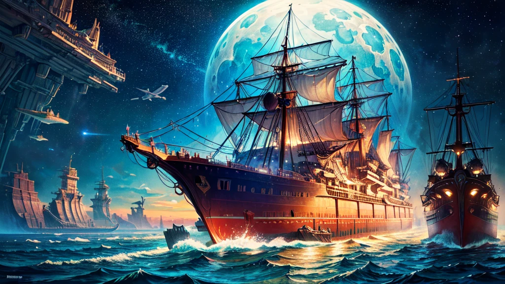 (Expressionism:1.3), (retrofuturistic spaceship in the shape of Noah's Ark:1.2) with portholes and cannons, (exotic animals around), fishes, amidst the vast cosmos of thoughts and ideas, breathtaking, shiny stars, vivid colors, cosmic scenery