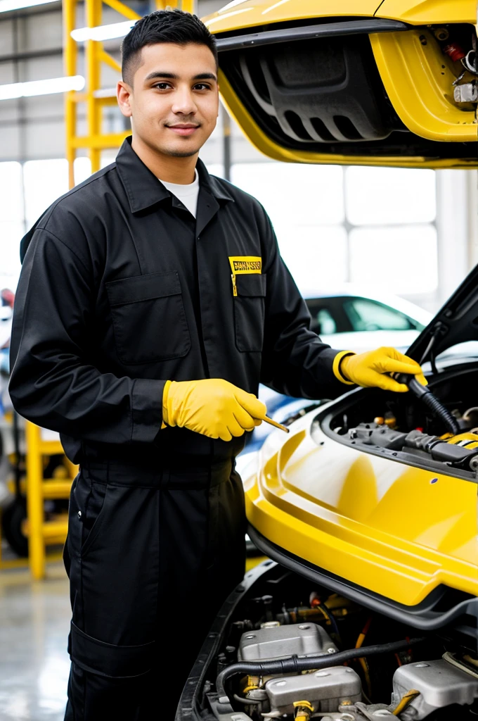 Automotive technician dressed in black and yellow worker's clothing industrial glasses full frontal shot sharpness white background