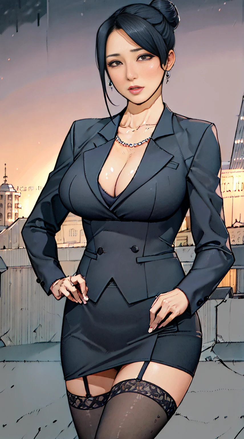 high quality, High resolution, (full shot:1.8), 4K quality, The best high quality masterpiece, business suit, (heavy makeup), Blurred city background at sunrise, bun hair, black hair, detailed face, big breast, short skirt, garter belt and black stockings,