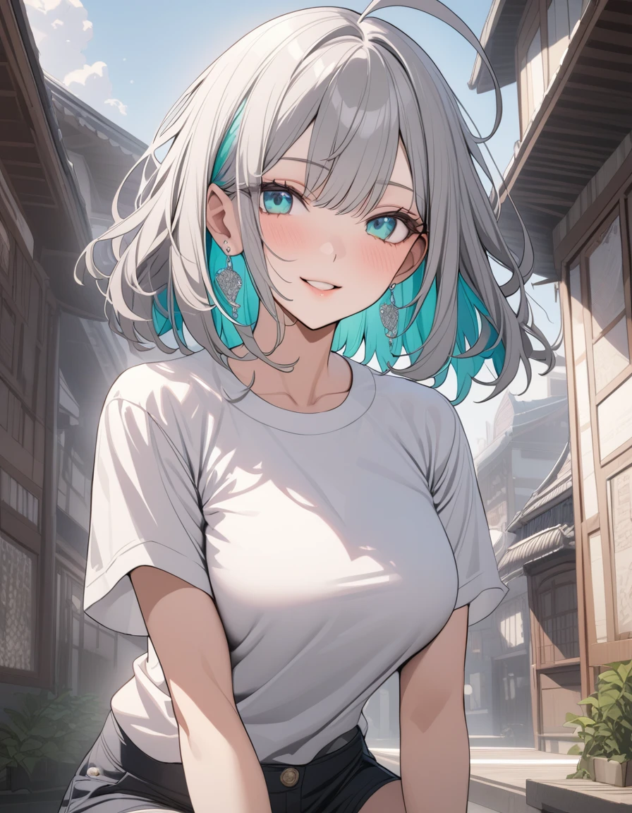(Highest quality:1.2, three-dimensional, High Detail, masterpiece:1.2, Best aesthetics), (1 girl), Beautiful woman, Beautiful detailed eyes, Beautiful detailed lips, Highly detailed face, Delicate depiction of hair and eyes, Detailed Fashion, (detailed background:1.2) ((Portraiture, Cowboy Shot)), Aqua Eye, huge ahoge, Mouth open, Earrings, View your viewers, breasts, upper body, full body from knees to head, gaze away, gaze into the distance, smile lightly, fancy nails, in Sibuya city, bracelet, medium hair, color inner hair, gray hair, tight T-shirts, short pants